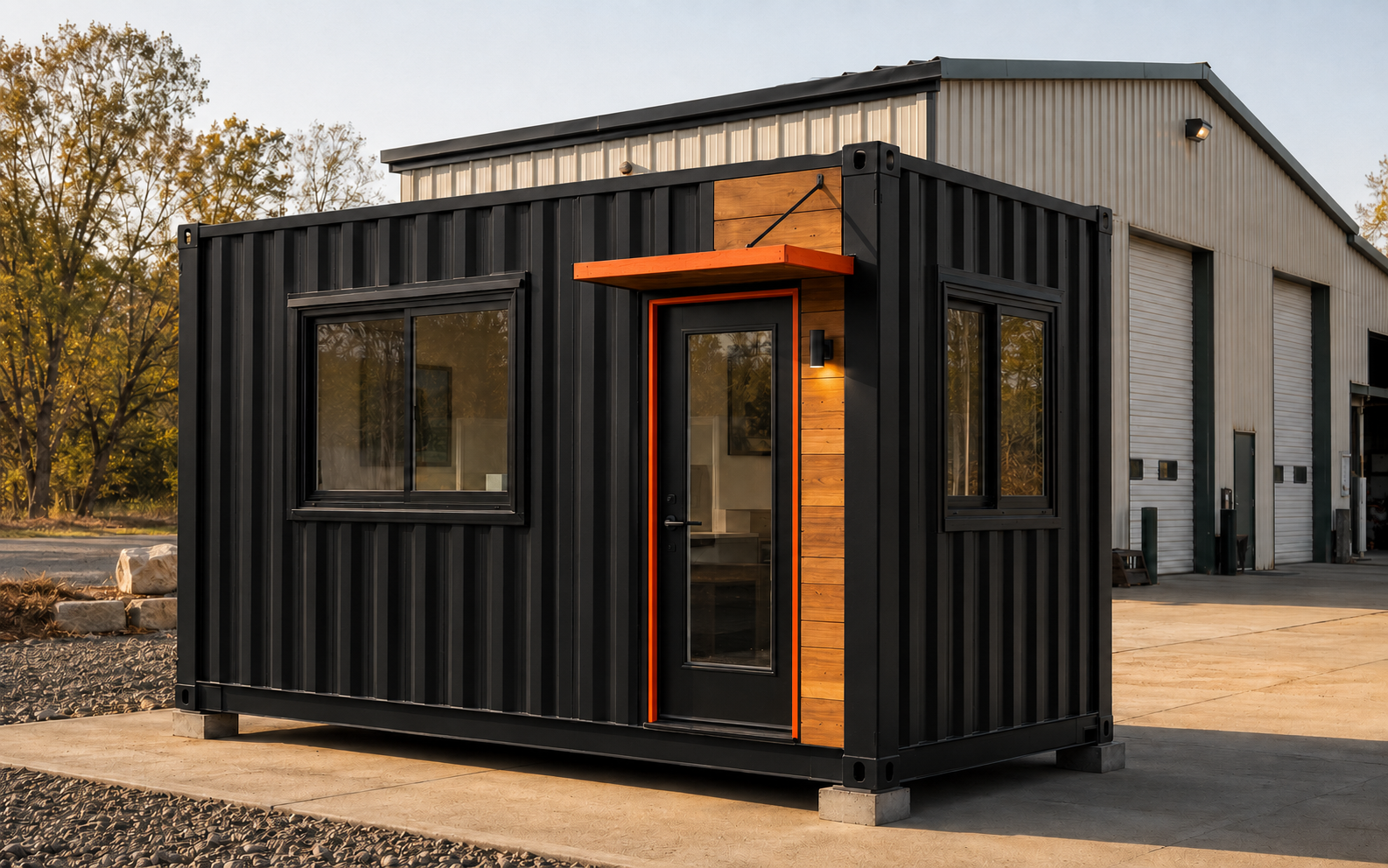 Black modified container office with orange trim outside The Mod Shop fabrication workshop