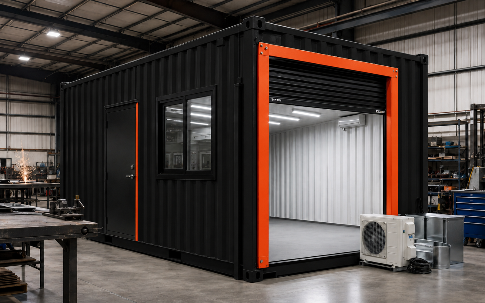 General modification container with reinforced doors and windows in black and orange